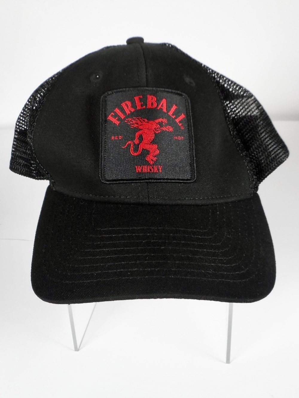 Fireball Red Hot Whiskey Black Trucker Canvas Mesh Cap Hat Snapback Logo Patch